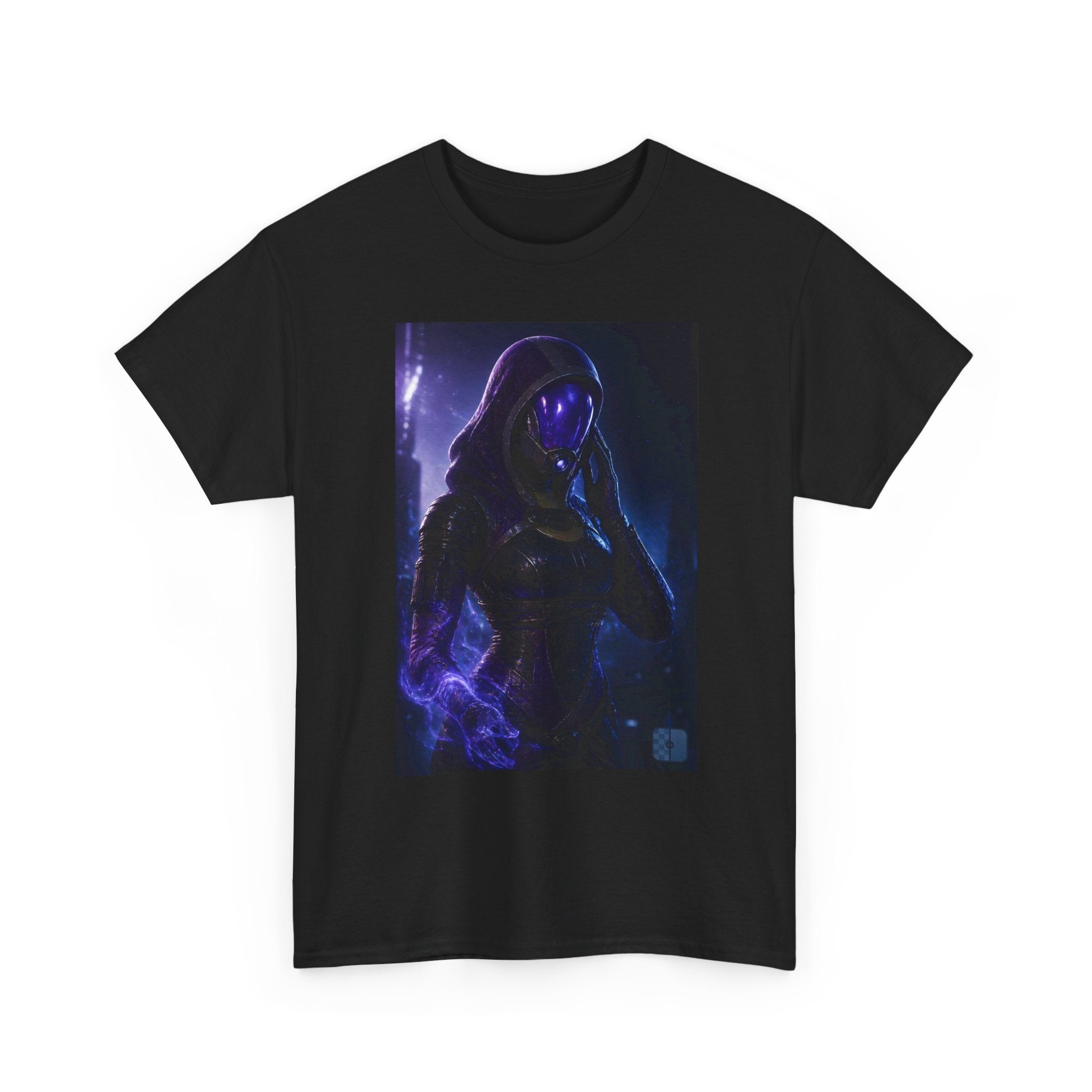 Cosmic Hooded Figure Tee — Neon Purple Space Mage Graphic T-Shirt