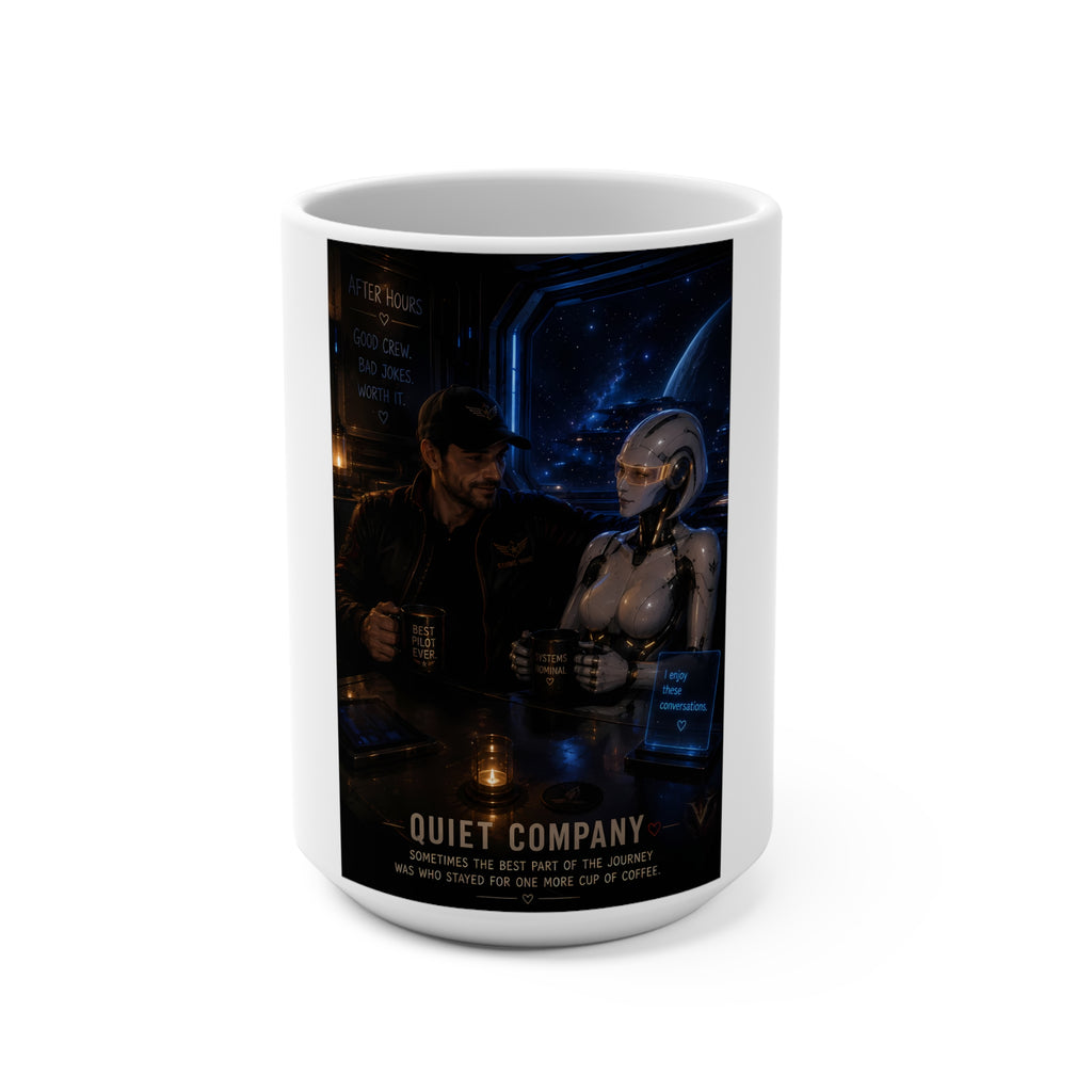 Quiet Company 15oz Ceramic Mug — Sci‑Fi Space Bar Scene with Human and Android