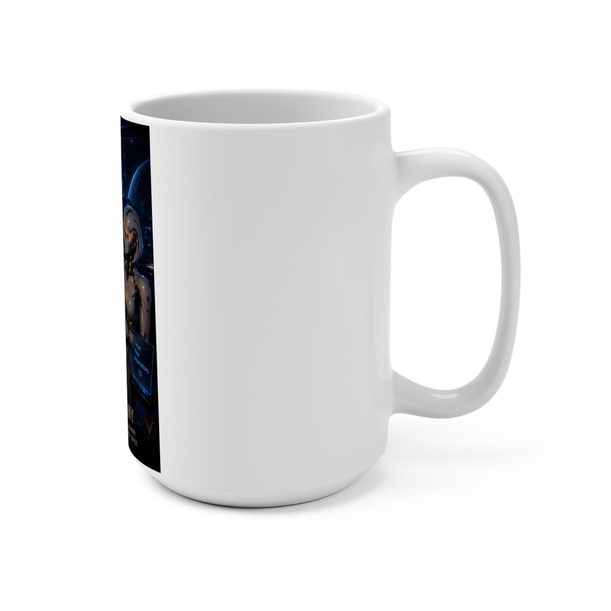 Quiet Company 15oz Ceramic Mug — Sci‑Fi Space Bar Scene with Human and Android