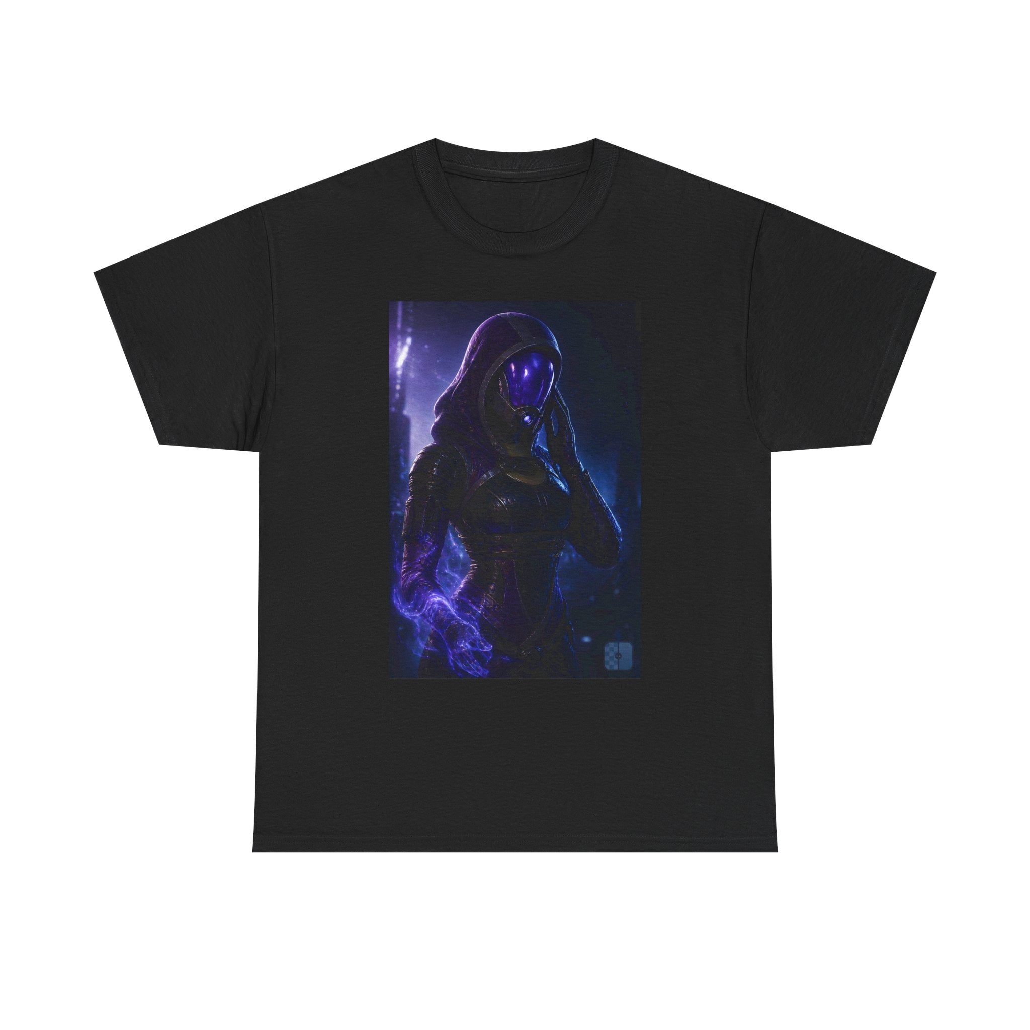 Cosmic Hooded Figure Tee — Neon Purple Space Mage Graphic T-Shirt
